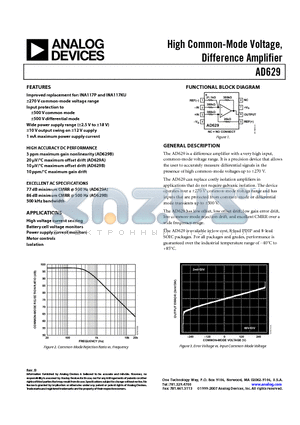 AD629 datasheet - High Common-Mode Voltage, Difference Amplifier