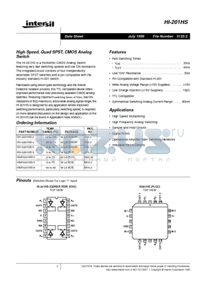 HI-201HS datasheet - High Speed, Quad SPST, CMOS Analog Switch