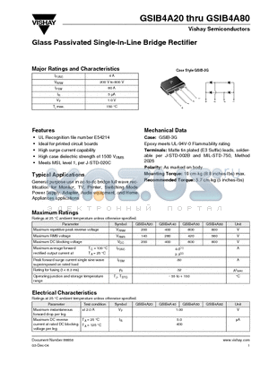 GSIB4A20 datasheet - Glass Passivated Single-In-Line Bridge Rectifier