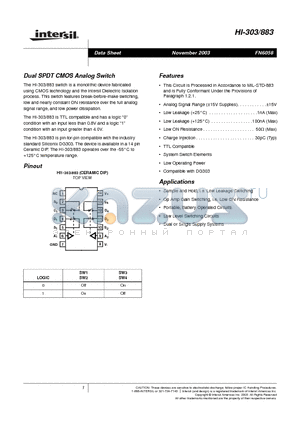 HI-303883 datasheet - Dual SPDT CMOS Analog Switch