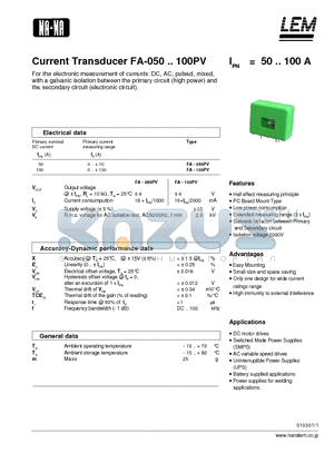 FA-050PV datasheet - Current Transducer FA-050 ~100PV