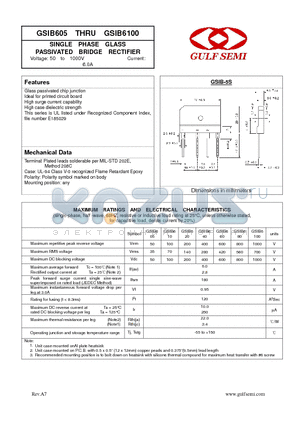 GSIB6100 datasheet - SINGLE PHASE GLASS PASSIVATED BRIDGE RECTIFIER Voltage: 50 to 1000V Current: 6.0A