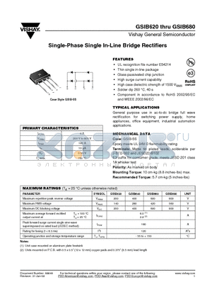 GSIB660-E3/45 datasheet - Single-Phase Single In-Line Bridge Rectifiers