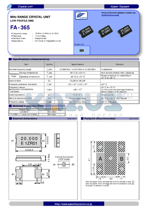 FA-365 datasheet - MHz RANGE CRYSTAL UNIT LOW PROFILE SMD