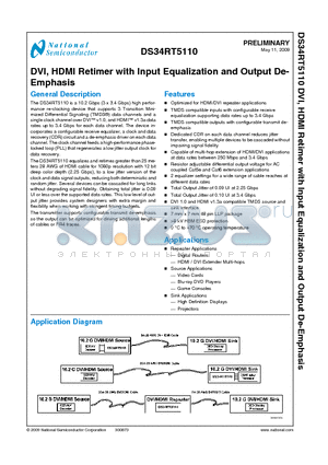 DS34RT5110 datasheet - DVI, HDMI Retimer with Input Equalization and Output De-Emphasis