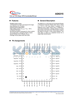 AD6315L datasheet - 1/4- to 1/12 Duty VFD Controller/Driver