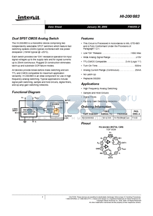 HI-200883 datasheet - Dual SPST CMOS Analog Switch