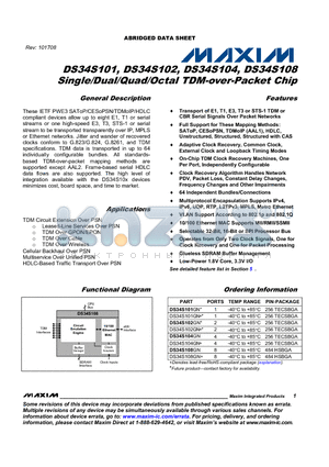 DS34S104GN+ datasheet - Single/Dual/Quad/Octal TDM-over-Packet Chip