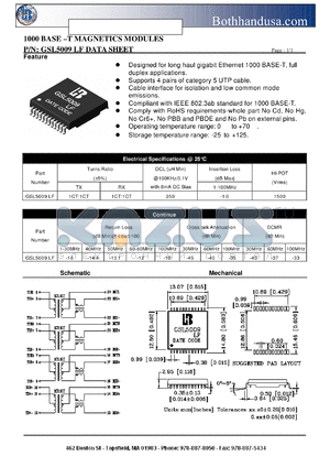 GSL5009LF datasheet - 1000 BASE -T MAGNETICS MODULES