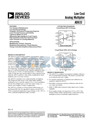 AD633 datasheet - Low Cost Analog Multiplier