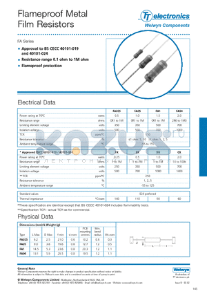 FA025 datasheet - Flameproof Metal Film Resistors