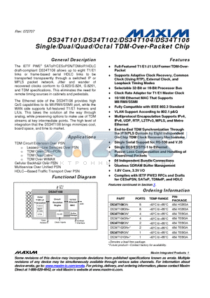 DS34T104GN datasheet - Single/Dual/Quad/Octal TDM-Over-Packet Chip