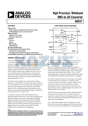 AD637ARZ datasheet - High Precision, Wideband RMS-to-DC Converter