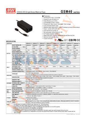 GSM40 datasheet - 40W AC-DC Single Output Medical Type