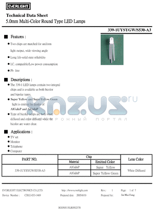 339-1UYSYGW datasheet - 5.0mm Multi-Color Round Type LED Lamps