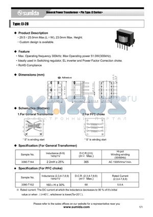 3390-T152 datasheet - General Power Transformer < Pin Type: EI Series>