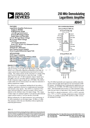 AD641A datasheet - 250 MHz Demodulating Logarithmic Amplifier