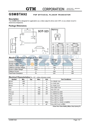 GSMBTA92 datasheet - PNP EPITAXIAL PLANAR TRANSISTOR