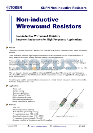 KNPN-1001W10RFTB datasheet - KNPN Non-inductive Resistors