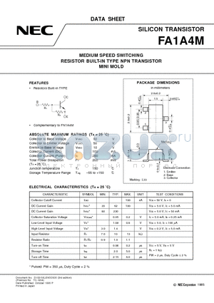 FA1A4M datasheet - MEDIUM SPEED SWITCHING RESISTOR BUILT-IN TYPE NPN TRANSISTOR MINI MOLD