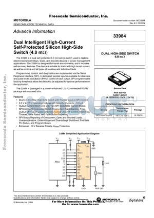 33984 datasheet - Dual Intelligent High-Current Self-Protected Silicon High-Side Switch (4.0 m)