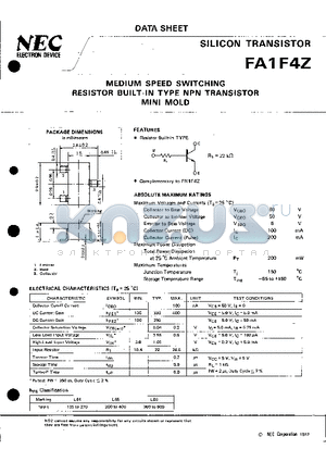 FA1F4Z datasheet - MEDIUM SPEED SWITCHING RESISTOR BUILT-IN TYPE NPN TRANSISTOR MINI MOLD