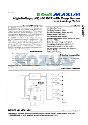 DS3501UR datasheet - High-Voltage, NV, I2C POT with Temp Sensor and Lookup Table