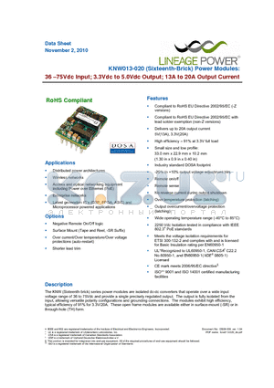 KNW013-020 datasheet - KNW013-020 (Sixteenth-Brick) Power Modules