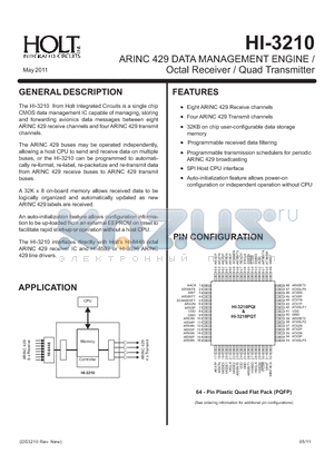 HI-3210 datasheet - ARINC 429 DATA MANAGEMENT ENGINE / Octal Receiver / Quad Transmitter