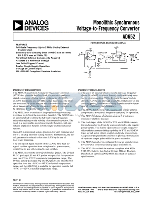 AD652 datasheet - Monolithic Synchronous Voltage-to-Frequency Converter