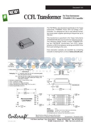 FA2786-BL datasheet - CCFL Transformer
