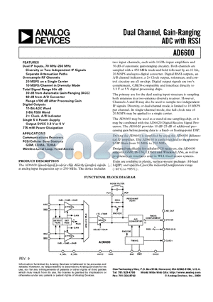 AD6600 datasheet - Dual Channel, Gain-Ranging ADC with RSSI