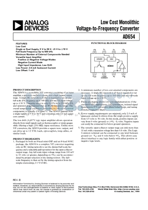 AD654 datasheet - Low Cost Monolithic Voltage-to-Frequency Converter