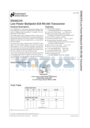 DS36C278 datasheet - Low Power Multipoint EIA-RS-485 Transceiver
