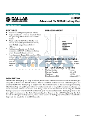 DS3800 datasheet - Advanced NV SRAM Battery Cap
