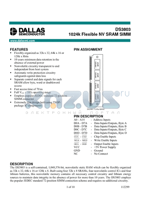DS3803 datasheet - 1024k Flexible NV SRAM SIMM