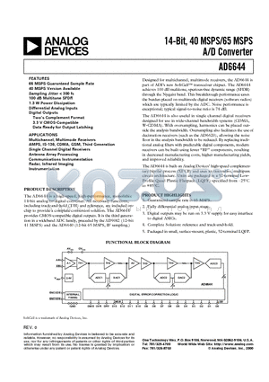 AD6644AST-65 datasheet - 14-Bit, 40 MSPS/65 MSPS A/D Converter