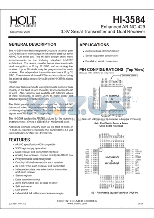 HI-3584PCI-10 datasheet - Enhanced ARINC 429 3.3V Serial Transmitter and Dual Receiver