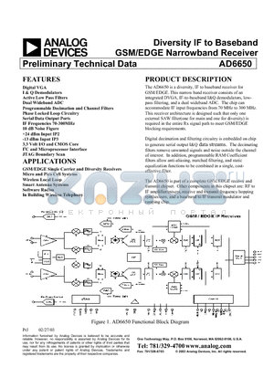 AD6650 datasheet - Diversity IF to Baseband GSM/EDGE Narrowband Receiver