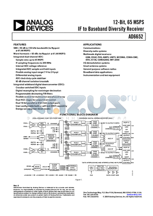 AD6652BBC datasheet - 12-Bit, 65 MSPS IF to Baseband Diversity Receiver