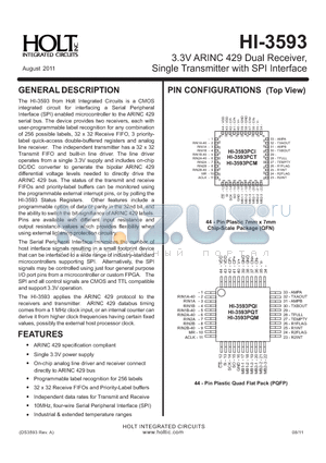 HI-3593 datasheet - 3.3V ARINC 429 Dual Receiver, Single Transmitter with SPI Interface