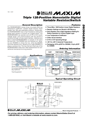 DS3905U-020 datasheet - Triple 128-Position Nonvolatile Digital Variable Resistor/Switch