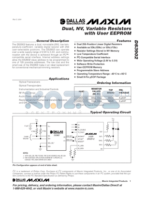 DS3902U-530 datasheet - Dual, NV, Variable Resistors with User EEPROM