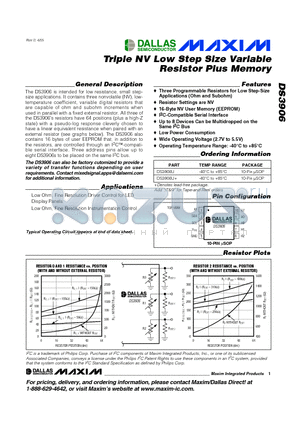 DS3906 datasheet - Triple NV Low Step Size Variable Resistor Plus Memory