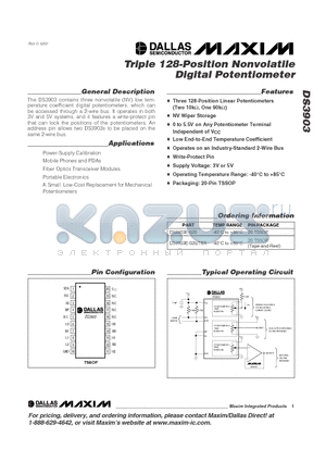 DS3903 datasheet - Triple 128-Position Nonvolatile Digital Potentiometer