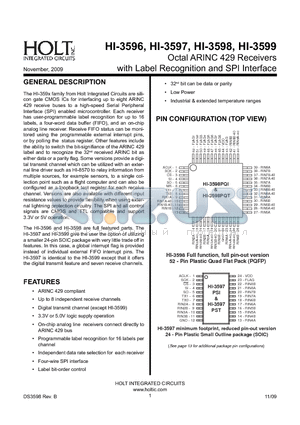 HI-3596 datasheet - Octal ARINC 429 Receivers with Label Recognition and SPI Interface