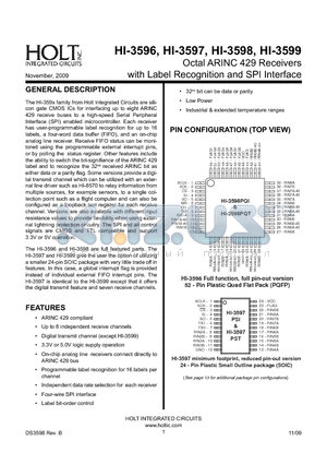 HI-3598 datasheet - Octal ARINC 429 Receivers with Label Recognition and SPI Interface