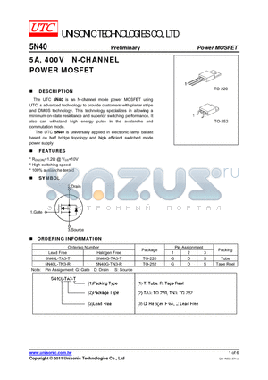 5N40L-TA3-T datasheet - 5A, 400V N-CHANNEL POWER MOSFET