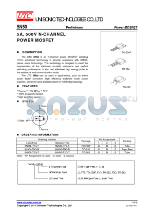 5N50 datasheet - 5A, 500V N-CHANNEL POWER MOSFET