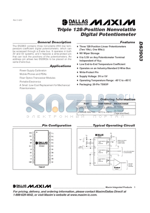 DS3903E-020/R datasheet - Triple 128-Position Nonvolatile Digital Potentiometer